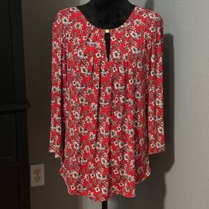Liz Claiborne Career Tunic XL Red Floral Top 3/4 Sleeve Stretch Keyhole Classic